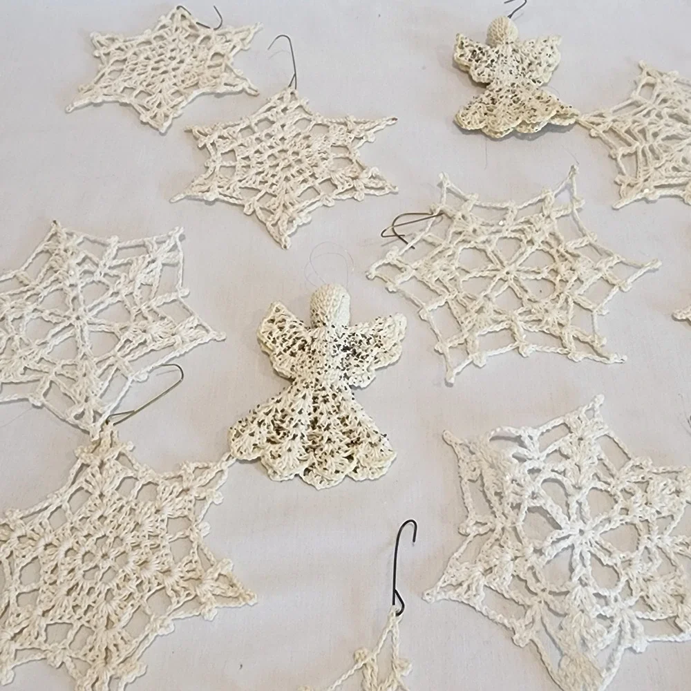 18 Vintage Handmade Crochet Snowflakes Angels Christmas Ornaments Cream Color
